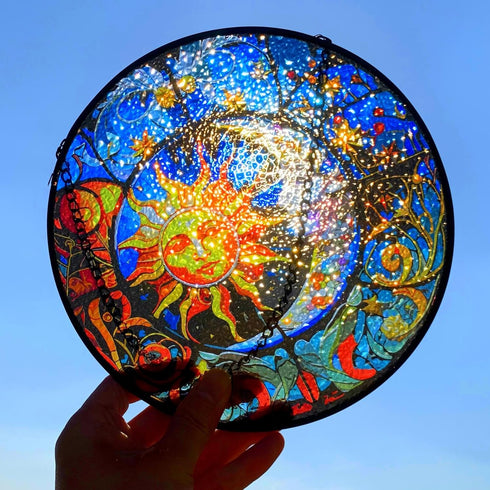 Stained Glass Suncatcher, 8'' Sun and Moon Face Hand-Painted Suncatcher for Window Stained Glass Window Hanging Birthday Gift for Mom Memorial Gif...
