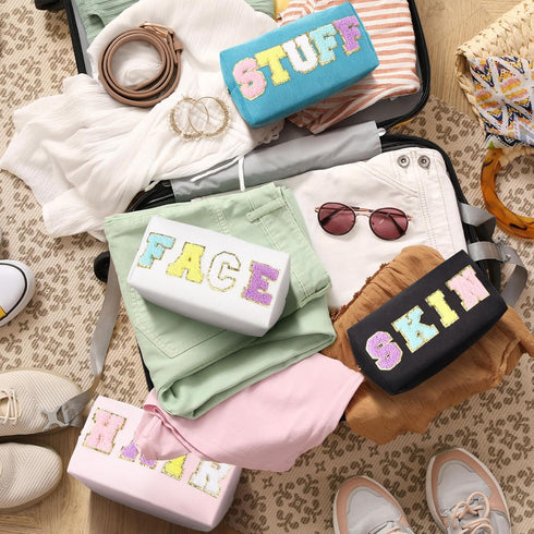 4 Pcs Large Chenille Letter Patch Makeup Bag Skin Stuff Hair Face Bag Preppy Patch Makeup Cosmetic Bag Toiletry Zipper for Women Teen Girl(Letters...