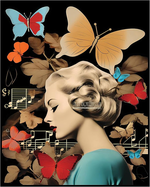 Posterizer 1 pcs-vintage woman-butterflies , music notes collage-Retro Art-Abstract & Modern Art-Gift for Art Lovers- UNFRAMED Wall Art...