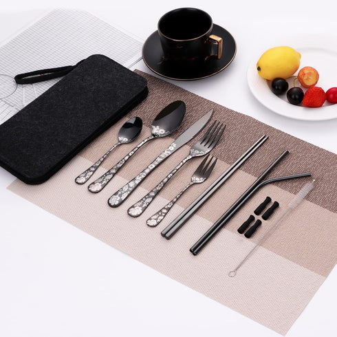 Camping Flatware, 10 Pieces Stainless Steel Stable Portable Travel Utensils, Reusable Silverware with Case for Fixing Tableware, Outdoors Picnic C...