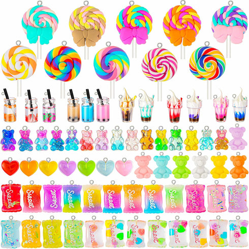 Yinkin 82 Pieces Candy Pendant Charm for Jewelry Making, Includes 24 Resin Candy Pendant, 22 DIY Bear Charms, 14 Gummy Heart Charms, 10 Lollipop P...