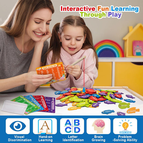 Wooden Magnetic Sight Word Fishing Game for Toddlers, Alphabet Fish Catching Games Puzzle with Letters, Homeschool Sight Word Educational Toy for ...