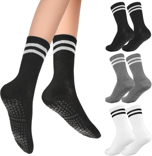 3 Pairs Pilates Grip Socks Yoga Socks Non Slip Pilates Socks Long Pilates Socks With Grips for Women Girl?Black, White, Gray?...