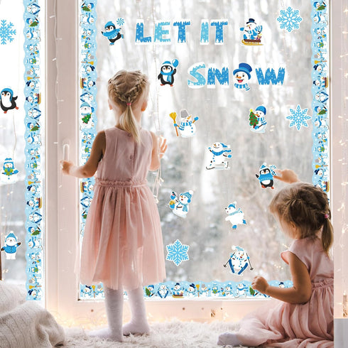 74pcs Winter Bulletin Board Classroom Decor LET IT Snow Cutouts Self-Adhesive Christmas Accent Cut Outs with Snowflake Snowman Patterns for Xmas W...