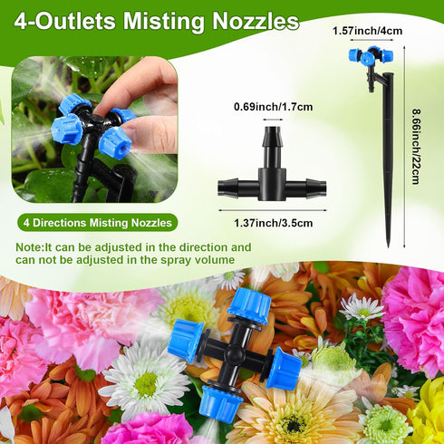 24 Pcs Drip Irrigation System Kits for Garden, 1/4" Irrigation Tubing 4-Outlet Misting Nozzle and Tee-connectors for Plant Flower Raised Bed Lawn ...