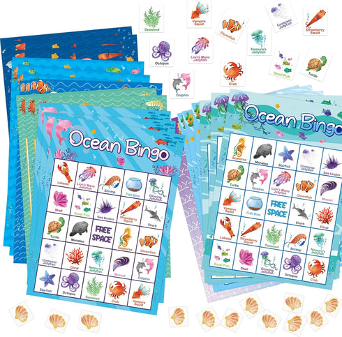 Ocean Bingo Game 24 Players for Kids Under Sea Party Game Supplies...