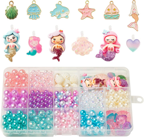 OSNIE Mermaid DIY Bead Jewelry Making Kit for Kids Girls with Jellyfish Shark Heart Starfish Shell Sailboat Pearl Charms Beads for Bracelets Rings...