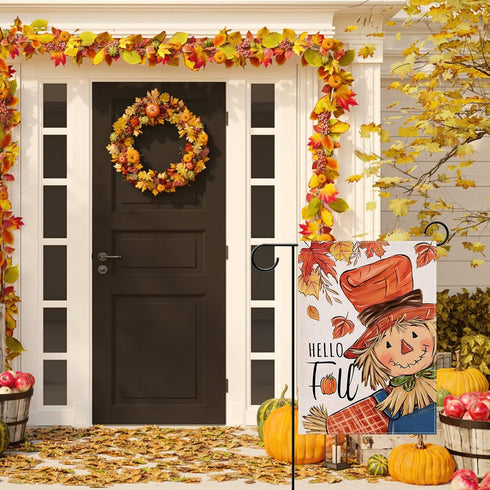 Hello Fall Scarecrow Small Decorative Garden Flag, Autumn Maple Leaves Rustic Yard Lawn Outside Decor, Thanksgiving Seasonal Farmhouse Country Out...