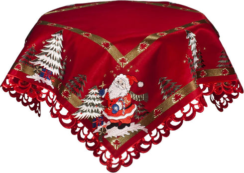Embroidered Christmas Holiday Santa Claus and Christmas Trees Doily Table Topper Small Tablecloth on Red 33 Inches Square...