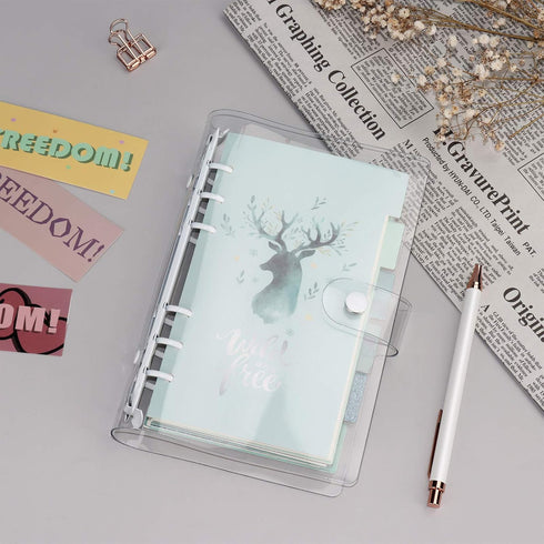 Multibey A5 6-Rings Binder Rings Soft Clear Cover Transparent Shell with Snap Clousure for Spiral Journal Planner DIY Scrapbook Notebook (A6, Whit...
