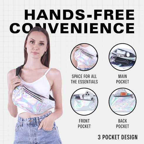 Holographic Fanny Pack Belt Bag | Waterproof Crossbody Bum Waist Pack - For Halloween, Rave, Hiking, Running, Travel (Silver)...