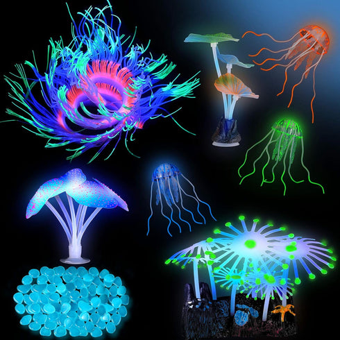 57 Pieces Glowing Fish Tank Decorations Plants with Simulation Glowing Silicone Coral Glowing Jellyfish Lotus Leaf Changeable Green Sea Anemone Lu...