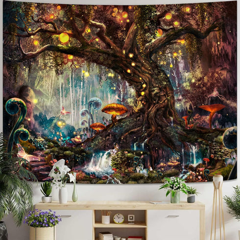 YEXIT Fairy Tales Magical Forest Tapestry, Nature Tree of Life with Elves Landscape Tapestry Wall Hanging for Living Room BedRoom Decoration Red 6...