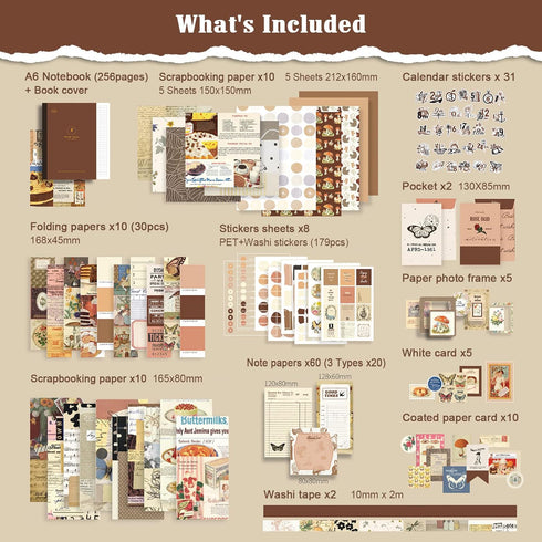 Scrapbooking Supplies Kit, 351pcs Bullet Junk Journal Kit with Journaling Supplies, Vintage Aesthetic Scrapbook Paper A6 Grid Notebook, Scrapbook ...