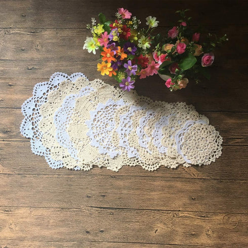 MINDPLUS Set of 14 Hand Crochet Doilies Cotton Crocheted Lace Doilies 4-10 Inches Round White Beige Vintage Wedding Tea Party...