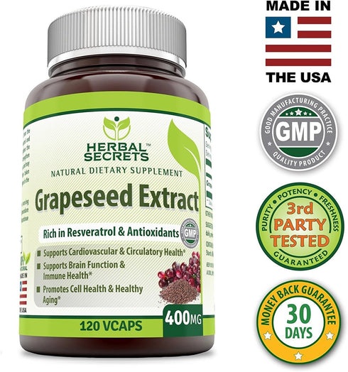Herbal Secrets Grapeseed Extract 400 mg 120 Veggie Capsules Supplement | Non-GMO | Gluten Free (120 Count | Pack of 2)...