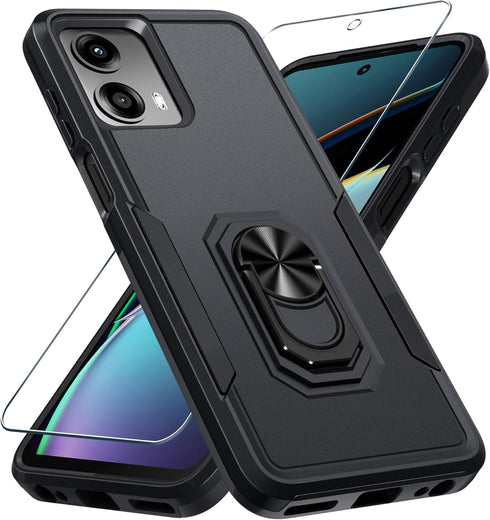 for Motorola Moto G 5G 2024 Case with Screen Protector,Heavy Duty Shockproof Full Body Protective Cover Built in Rotatable Metal Ring Holder Kicks...