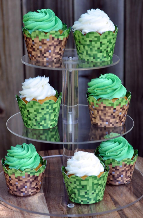 Pixel Grass Themed Cupcake Wrappers for Boys Birthday Parties, Vintage 8-Bit Birthday Party. Set of 24 Reversible Engineer builder Grass and Green...