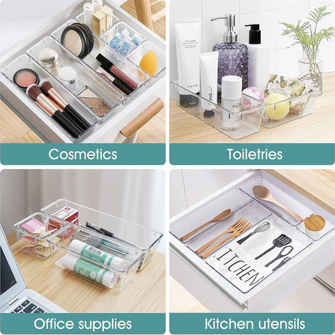 WOWBOX 6 PCS Clear Plastic Drawer Organizer Set, Desk Drawer Divider Organizers and Storage Bins for Makeup, Jewelry, Gadgets for Kitchen, Bedroom...