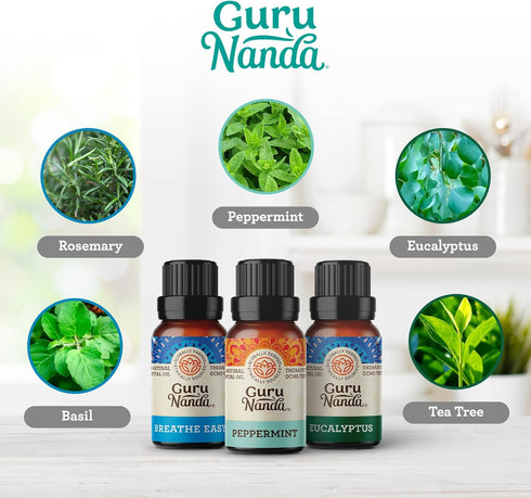 GuruNanda Breathe Essential Oil Set (Pack of 3 x 0.34 Fl Oz) - 100% Pure, Natural & Undiluted Diffuser Oils for Aromatherapy - Helps Support Clear...