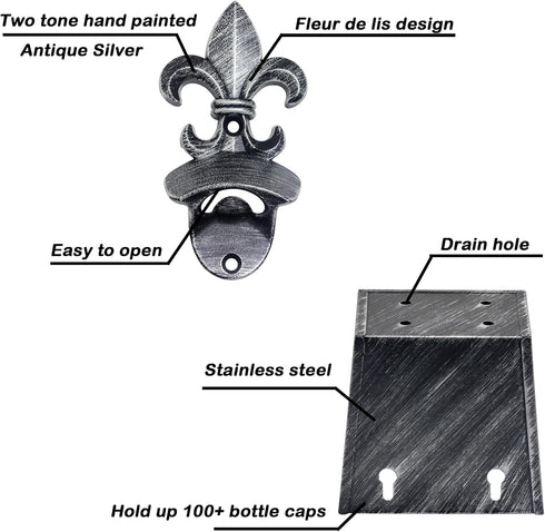 Fleur De Lis Beer Cap Opener Wall Mounted Bottle Opener with Cap Catcher Drainage Antique Silver...