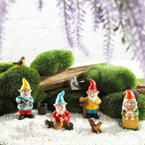 10 Pieces Mini Fairy Gnomes Statue Garden Accessories Kit Miniature Garden Resin Gnomes Hand Painted Squirrel Hedgehog Owl Bird and Bucket Ornamen...