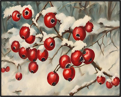 Posterizer 1 pcs-berries in snowy winter scene-oil painting style -1-Landscape & Nature Art-GIft for Men Women Teens-Living Room Bedroom Decor- un...