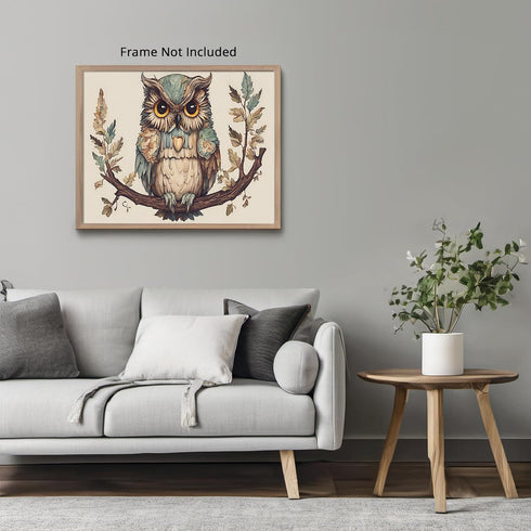 Posterizer 1 pcs- Cute blue and white owl sitting on a tree-Art for Animal Lovers-Floral Botanical Art- Gift for Men Women Teens-Decor for Home &...