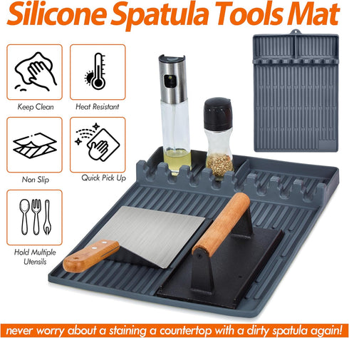 ISSEVE Silicone Griddle Tools Mat for Blackstone, Large Silicone Spatula Mat with Drip Pad, Grill BBQ Caddy Utensils Holder for Kitchen, Cooking &...
