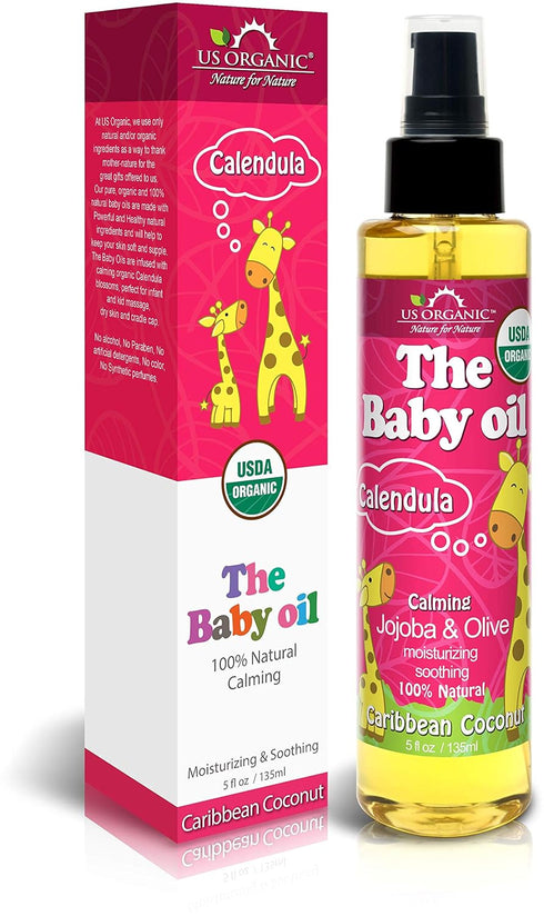 US Organic Baby Oil with Calendula, Smooth Caribbean Coconut, Certified Organic by USDA, Jojoba & Olive Oil with Vitamin E, No Alcohol, Paraben, A...