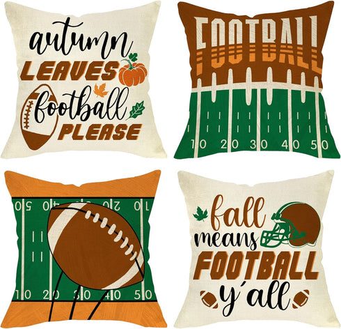 Fall Means Football Y'all Decorative Throw Pillow Cover Set of 4, Autumn Leaves Football Please Quote Cushion Case Decor, Rugby Sport Helmet Pumpk...