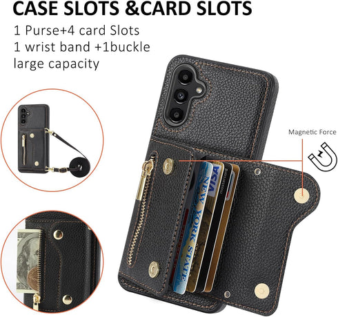 Asuwish Phone Case for Samsung Galaxy A15 5G Zipper Wallet Cover with Tempered Glass Screen Protector and Credit Card Holder Crossbody Strap Long ...