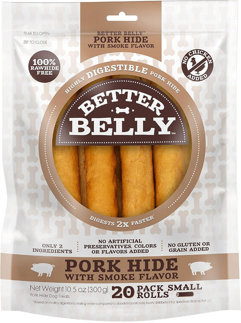 Better Belly Pork Hide Rolls with Smoke Flavor Small, 20 Count, Digestible Pork Hide for Dogs (P-94453)...