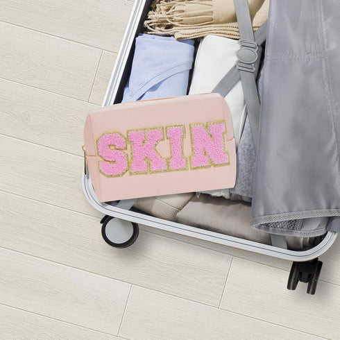 2PCS Patch Makeup Bag Preppy Cosmetic Bag Set Toiletry Storage Purse Skincare Pouch Waterproof PU Leather Travel Makeup Organizer for Women...