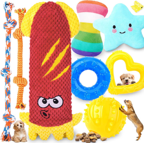 Puppy Toys for Teething, 9 Pack Interactive Dog Toys for Small Dogs, Puppy Chew Toys with Rope Toys, Treat Ball and Cute Squeaky Toys, Hold a Bott...