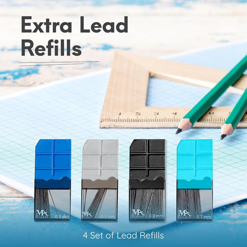 Mozart Essential Set of Lead Refills - 4 Sizes: 0.3, 0.5, 0.7 & 0.9 mm with 100 HB Lead Refills for Each - for Sketch, Architecture, Drafting, Art...