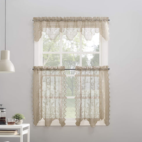 No. 918 Alison-Tr Floral Lace Sheer Rod Pocket Kitchen Curtain Tier Pair, 58" x 36", Stone...