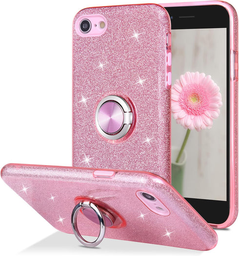 Wisdompro Case for iPhone SE 2022/2020, for iPhone 8, for iPhone 7, Cute Glitter Bling Sparkly Case with Ring Stand, Women Girls Protective Phone ...