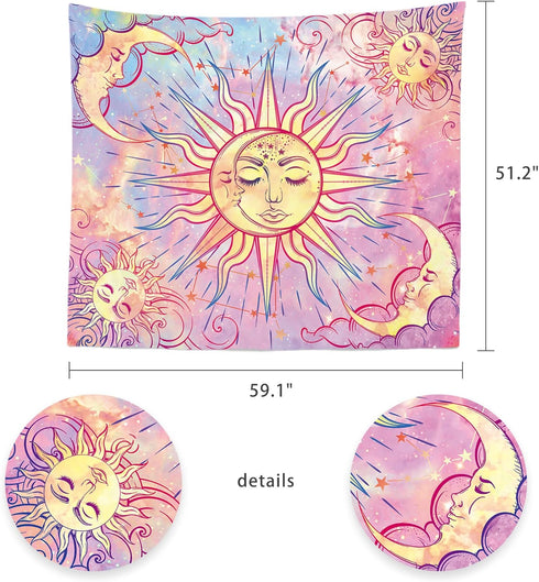 Ohjijinn Pastel Pink Burning Sun Tapestry - Mystic Celestial Sun and Moon with Stars - Psychedelic Hippy Tie Dye Wall Hanging for Party Home Decor...