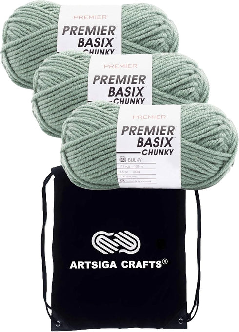 Premier Basix Chunky Knitting Yarn Sage 1145-31 (3-Pack) Same Dye Lot Chunky Bulky #5 Soft 100% Acrylic Bundle with 1 Artsiga Craft Bag...