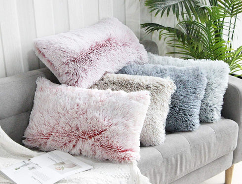 Uhomy 2 Packs Fluffy Accent Pillows Cover 20"x12", Soft Gray Ombre Faux Fur Throw Pillow Case, Modern Luxury Decorative Square Cushion Cover for F...
