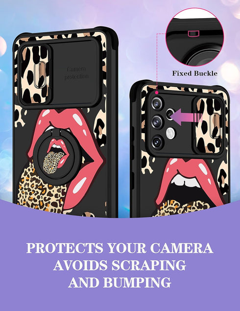 Goocrux (2in1 for Samsung Galaxy A32 5G Case Leopard Print Women Girls Phone Cover Cute Cheetah Print Animal Design with Slide Camera Cover+Ring H...