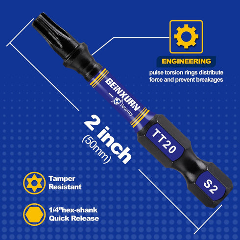 2 In. Security T20 Impact Magnetic Screwdriver Bit Set, 51Pieces #20 Torx Head Power Bit Set, S2 Alloy Steel Hollow Star Bit Set with 1Pcs Impact ...