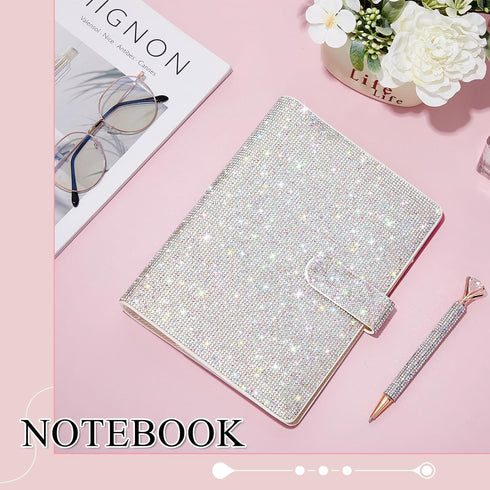 A5 Rhinestone Refillable Notebook Binder and Crystal Pen Set 6 Ring Diamond Budget Binder for Filler Paper Bling White Desk Accessories for Women ...