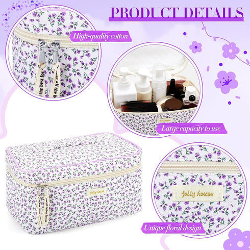 2 Pcs Cotton Quilted Makeup Bag, Large Travel Coquette Cosmetic Bag, Aesthetic Cute Floral Cherry Peony Toiletry Organizer skincare Bag for Women ...