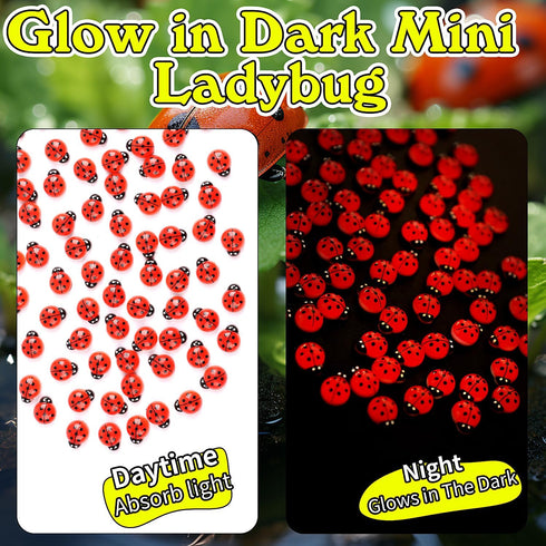 KIMOBER 100PCS Mini Luminous Ladybug Miniature Figurines,Glow in Dark Resin Animals Ladybug Figures for Fairy Garden Micro Landscape Decor Cake To...