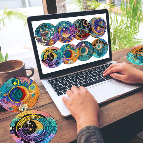 8 Pieces Diamond Art Coaster Kit with Holder DIY Sun and Moon Diamond Art Coaster Gifts 5d Diamond Dot Coaster for Beginners Adults Kids Art Table...