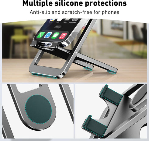Portable Phone Stand for Desk, Aluminum Adjustable Cell Phone Holder, Foldable Travel Cellphone Dock Compatible with iPhone 15 14 13 Pro Max Mini,...