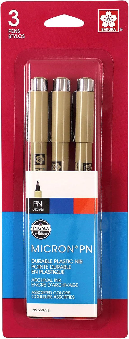 SAKURA Black, Blue & Red Pigma Micron PN Pens .45mm 3/Pkg...