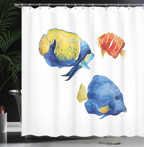 Ambesonne Fish Shower Curtain, Tropical Aquarium Life Discus Fish and Goldfish in Different Patterns, Cloth Fabric Bathroom Decor Set with Hooks, ...
